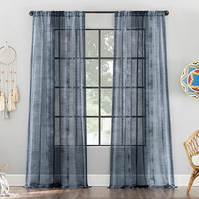 50x84 Archaeo Sheer Shibori Striped Linen Blend Curtain Panel Indigo Blue: Transitional Indoor Plain Weave Rod Pocket