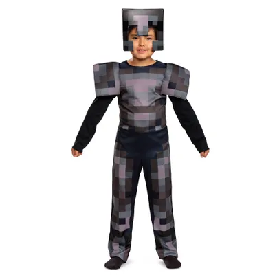 Kids Minecraft Halloween Classic Netherite Armor Costume Jumpsuit with Headpiece  (10-12)