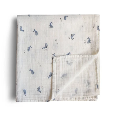 Mushie Organic Cotton Muslin Swaddle Blanket -Whales