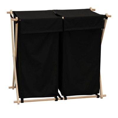 Household Essentials Wood X-Frame Double Sorter Black: Collapsible Laundry Hamper with Liner & Carrying Bag