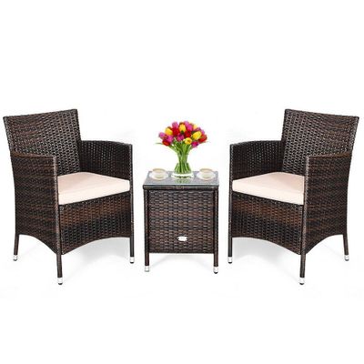 3pc Outdoor Rattan Set with Cushion - Beige/Brown - WELLFOR: All-Weather Wicker, Glass Top Bistro Table, Metal Hardware