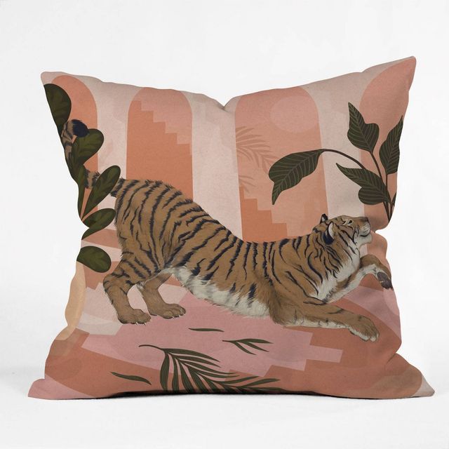 16x16 Laura Graves Easy Tiger Throw Pillow Pink - Deny Designs: Indoor Square Cushion, Zipper Closure, Machine Washable