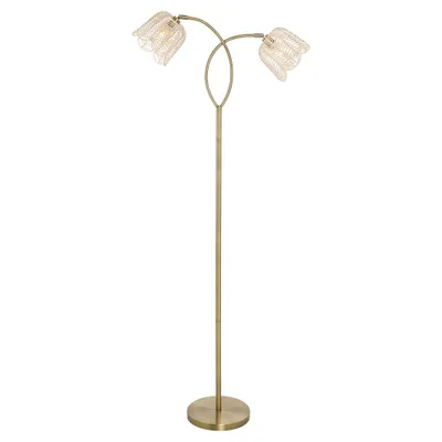 61 Meg Brushed Gold Metal Candlestick Floor Lamp with Rattan Shades - River of Goods: Dual Light, In-line Switch