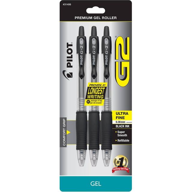 Pilot 3ct G2 Gel Pens Ultra Fine Point 0.38mm Black Ink: Retractable, Rubber Grip, Stationery & Office Supplies