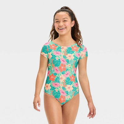 Girls Tropical Vacay Floral Printed One Piece Rash Guard Swimsuit