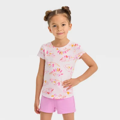 Toddler Girls Dinosaur Short Sleeve T-Shirt - Cat & Jack Pink 12M: Crewneck, Jersey Fabric
