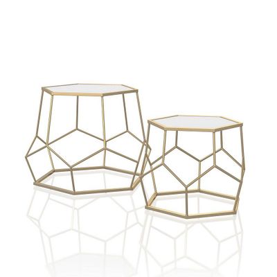 2pc Gandry Mirrored Geometric Nesting Tables Gold - miBasics: Hexagon Frame, Tempered Glass