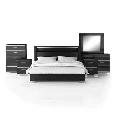 miBasics 6pc  Shorehaven Bedroom Set with 2 Nightstands Black/Chrome: Modern Furniture Ensemble