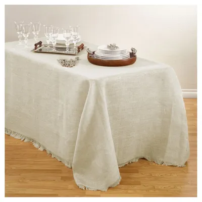 Burlap Tablecloth Ivory (90x156): Saro Lifestyle, Fringed Jute, Rectangle, Spot Clean