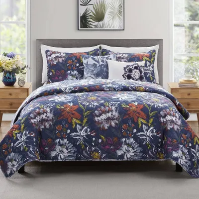 5pc  Danny Reversible Floral Quilt Set Dark Blue - VCNY: Hypoallergenic Bedding with Decorative Pillows