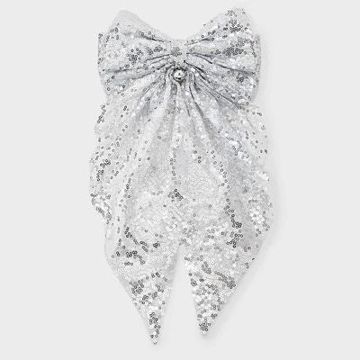 New Years Holiday Glitter Disco Ball Fabric Bow Hair Clip - Silver