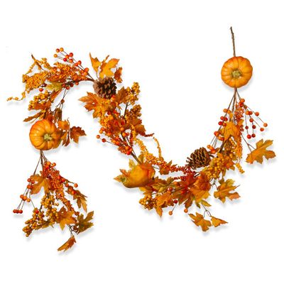 National Tree Company Pumpkin Garland Orange (72): Maple Leaves, Pine Cones, Berry Clusters, Flexible Vine