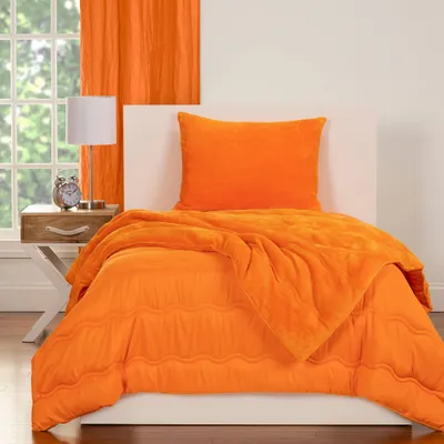 Twin Reversible Kids Comforter Set Fuzzy Fleece Orange - SIScovers