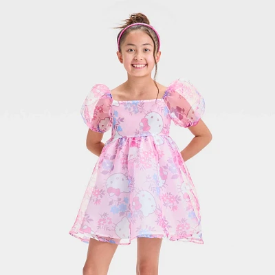 Girls Hello Kitty Floral Organza Puff Sleeve Dress