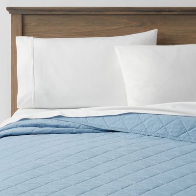 Twin/Twin Extra Long Diamond Stitch Cotton Linen Quilt Light Blue - Threshold: OEKO-TEX Certified, Midweight Coverlet