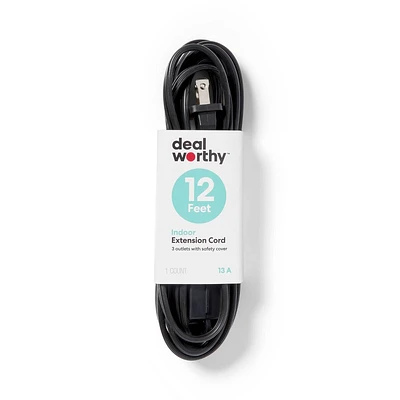 12 3 Outlet Indoor Extension Cord Black - Dealworthy: 16 AWG, 13 Amps, 12ft Length, 1 Year Warranty