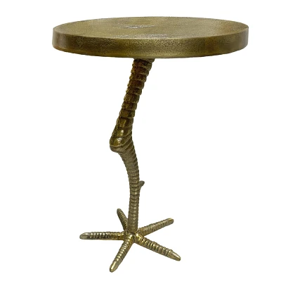 The Urban Port 19 Side End Table Antique Brass Aluminum Cast Round Top with Handcrafted Textured Crane Leg Stem Brass