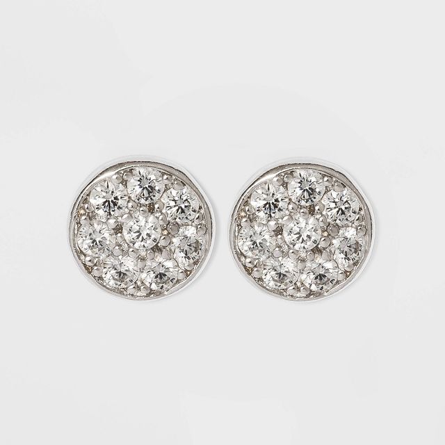 Button Stud Earrings Sterling Cubic Zirconia Disc - Silver/Clear