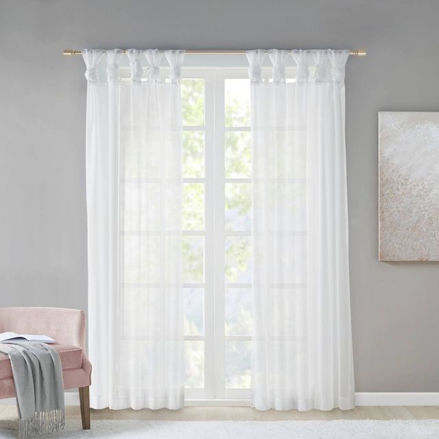 Set of 2  Persis Twisted Tab Voile Sheer Window White: Madison Park Curtain Panels, Transitional Style