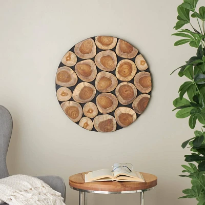 Olivia & May 24x24 Teak Wood Round Wall Sculpture: Handcrafted Mosaic, Live Edge, Indoor Decor