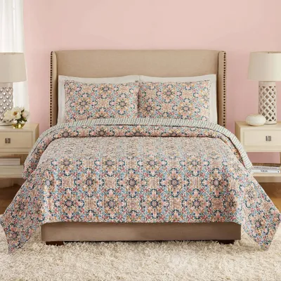 Vera Bradley 3pc  Enchanted Mandala Quilt Bedding Set White: Cotton Floral Pattern, Zipper Shams