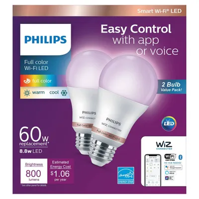 Philips 2pk 8.8W Smart LED Wi-Fi and Bluetooth A19 Color: Energy Star, Dimmable, 800 Lumens, Apple HomeKit Compatible