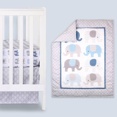 The Peanutshell Sleepy Elephant Baby Crib Bedding Set, Gray/Blue - 3pc