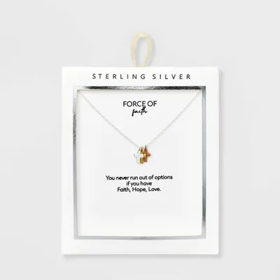 Sterling Silver Triple Cross Tri Tone Pendant Necklace - Silver