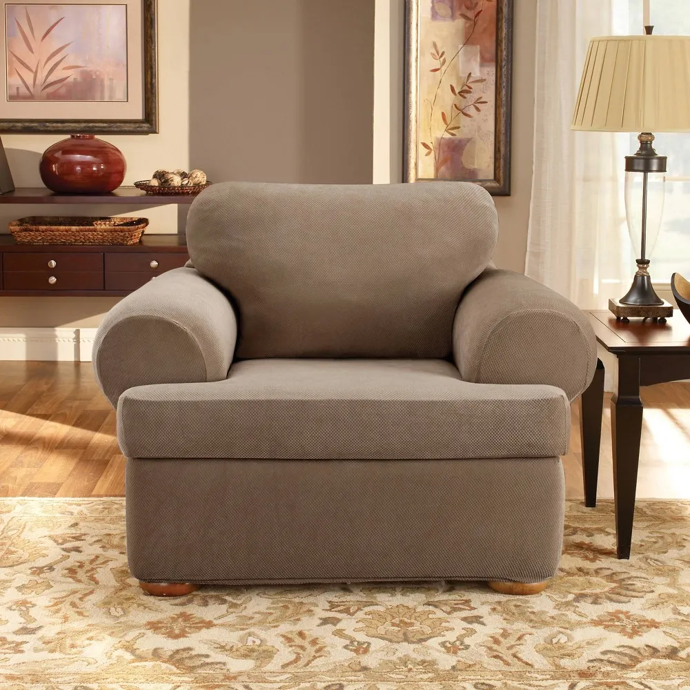 3pc Stretch Pique T Cushion Chair Slipcovers Taupe - Sure Fit: Polyester & Spandex, Machine Washable, Zipper Closure