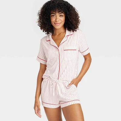 Women Striped Cloud Knit Short Sleeve Top and Short Pajama Set - Auden Cream M