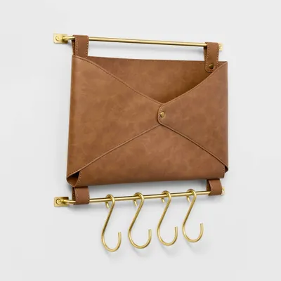 Entryway Organizer Faux Leather and Gold - Threshold: Wall Mounted Mail Holder with Hooks, Brown, 14 Length