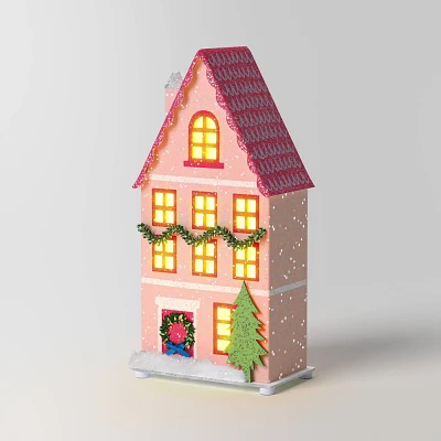 Lit LED Paper House Christmas Village Building - Wondershop Pink