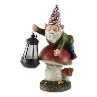 8.5 Polyresin Gnome on Mushroom Solar Statue - Zingz & Thingz: Outdoor Decorative Accent, No Battery Required