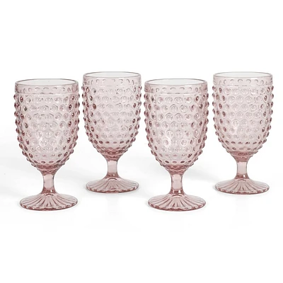 Martha Stewart Chauncey 4pk 14.2oz Hobnail Handmade Glass Goblets Pink: Water Goblets, Dishwasher-Safe, Cold Beverages