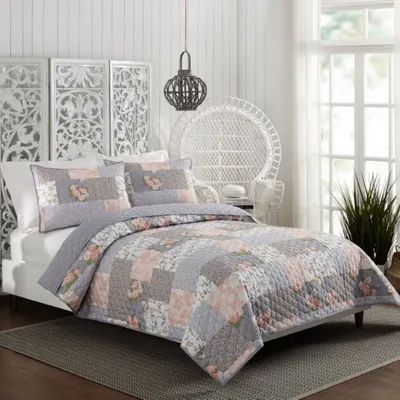 Full/Queen 3pc La Flor Quilt Set Blush/Gray - Modern Heirloom: Reversible Polyester Bedding with Shams