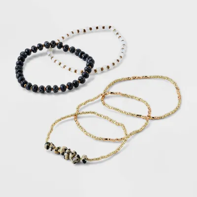 Mixed Semi-Precious Black Howlite Cylinder Beaded Bracelet Set 5pc - Universal Thread Gold/Black