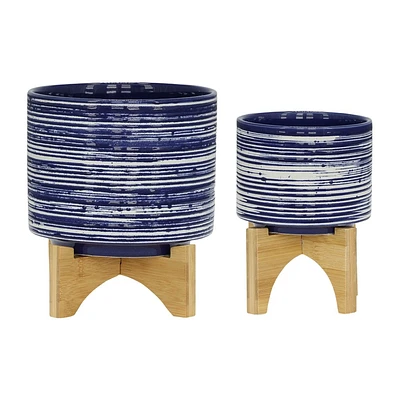 Sagebrook Home 2pc Ceramic Indoor Outdoor Planter Pots with Stands Blue: Hand-Painted, Rust-Resistant, No Drainage Hole