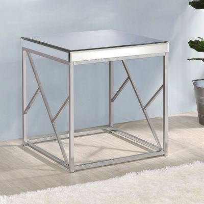 Evelyn Mirror Top End Table Chrome - Steve Silver Co.: Geometric Iron Base, Boxed Mirrored Accent