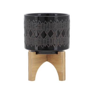 Sagebrook Home  Wide with Wooden Stand 6 Aztec Ceramic Planter Pot Black: Freestanding Decorative Vessel