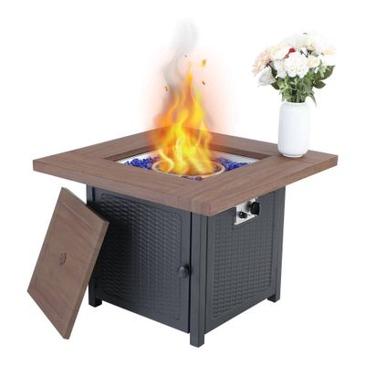 34 Square Outdoor Propane Fire Pit Table with Lid & Fire Glass - Captiva Designs: Heater, 50000 BTU, Steel Frame