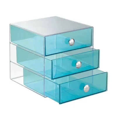 iDESIGN Plastic Original 3-Drawer Desk Organization Set Teal Blue