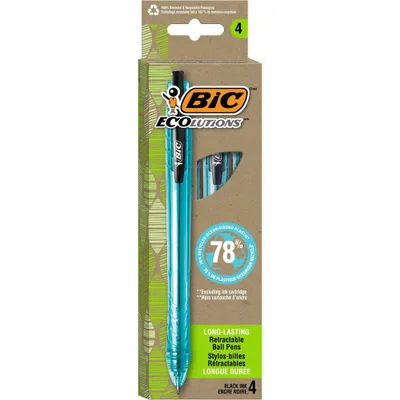 BiC 4pk ECOlutions Retractable Ballpoint Pens Black Ink: Medium Point, Quick Drying, Stationery & Office Supplies