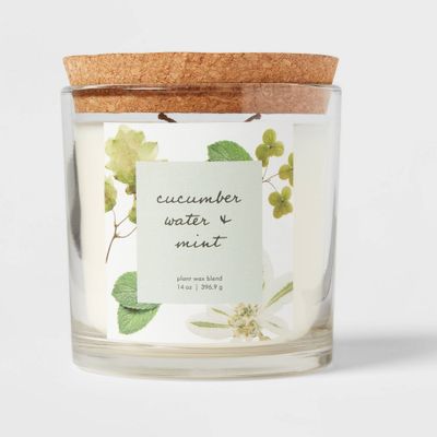 14oz Glass Candle with Cork Lid Cucumber Water and Mint - Threshold