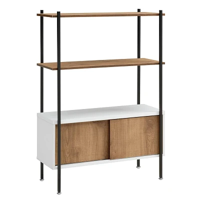 24/7 Shop At Home 45 Genifa 3 Shelf Accent Bookcase with Sliding Doors White/Distressed Oak