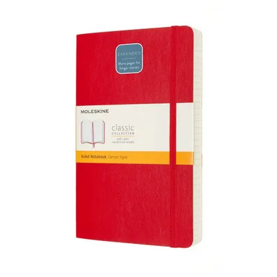 Moleskine Ruled Notebook LG Expanded Soft Cover Red: 400 Pages, Elastic Closure, Ribbon Marker, FSC Certified, 5.125x8.25