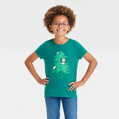 Girl Short Sleeve Panda Tree Graphic T-Shirt