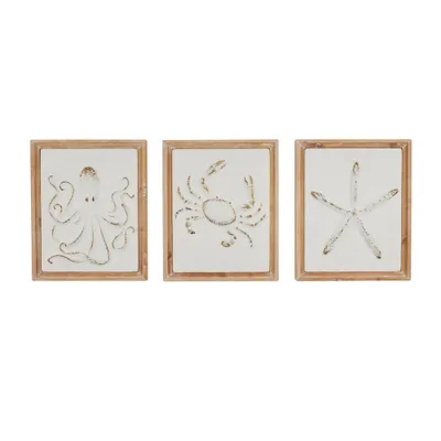 Set of 3 Metal Sea Life Wall Decors with Wooden Frame and Gold Accents - Olivia & May: Coastal Style Vertical Art