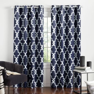 Set of 2 84x52 Ironwork Sateen Woven Room Darkening Window Curtain Panel Blue - Exclusive Home: Geometric Drapes, Thermal Insulated, Grommet Top