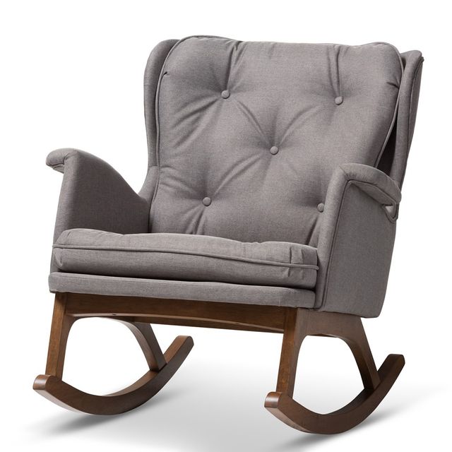 Maggie Mid Century Modern Rocking Chair: Upholstered, Walnut Finish - Baxton Studio