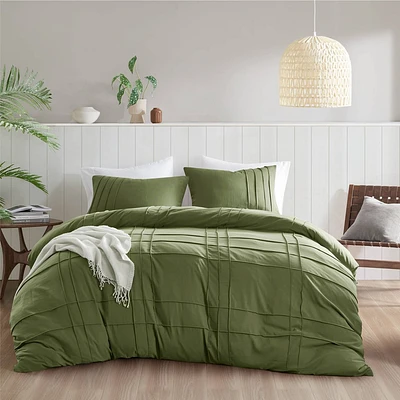 510 Design California King Porter Soft Washed Pleated Duvet Cover Set Olive Green